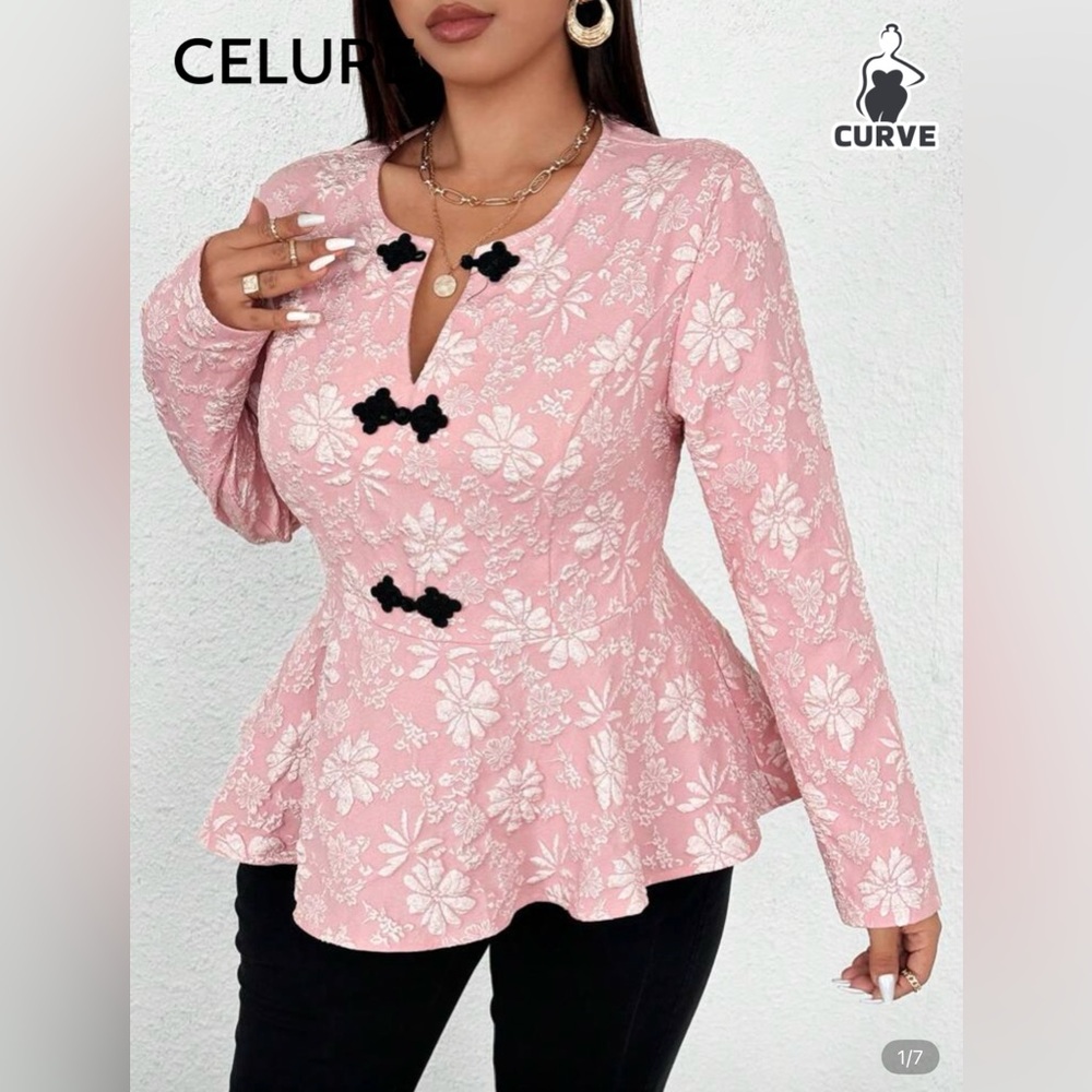 SHEIN 🌸 Pink Front Button Long Sleeve Peplum Top Women's 2XL Curve 16 Size NWT